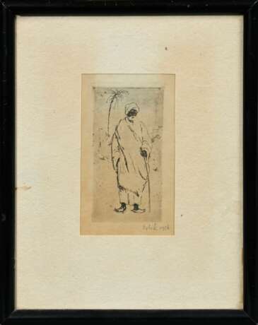 Orlik, Emil (1870-1932) "Araber mit Stock und Turban" 1916, Radierung, u.r. sign./dat., verso Klebeetikett "Kunsthandlung Commeter/ Hamburg", PM 9,2x4,7cm (m.R. 21,5x17,3cm), vergilbt - photo 2