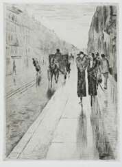 Ury, Lesser (1861-1931) &quot;Straßenszene in Berlin (Spaziergänger im Regen)&quot;, Radierung, Griffelkunst, verso Nachlassangabe von 1982, PM 20,8x15cm, BM 37,5x27cm, min. fleckig