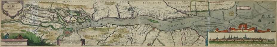 Jansson, Jan (1588-1664) "Nobilis Fluvius Albis (Karte der Elbe)", color. Kupferstich, mit Hamburg-Panorama, 18,5x104,5cm (m.R. 38x122,5cm), schwache Falze, l. kleiner Defekt - фото 1