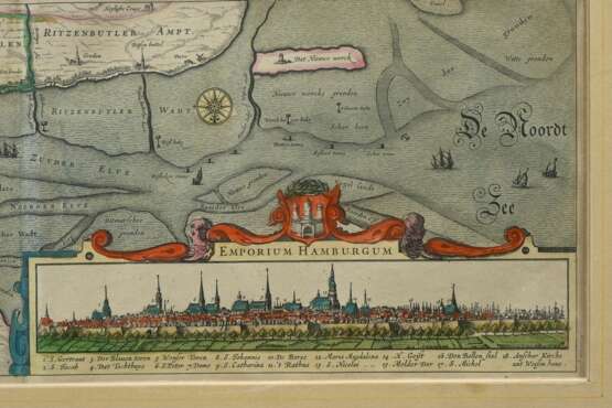 Jansson, Jan (1588-1664) "Nobilis Fluvius Albis (Karte der Elbe)", color. Kupferstich, mit Hamburg-Panorama, 18,5x104,5cm (m.R. 38x122,5cm), schwache Falze, l. kleiner Defekt - фото 3