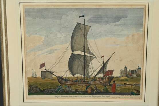 2 Vianen, Jan van (~1660-1726) "Vaisseau du premier rang portant pauillon d'Admiral" und "Saique batiment dont les Turcs se seruent en leuent pour leur trafic" um 1695, color. Kupferstiche, 1x u.l. i.… - фото 2