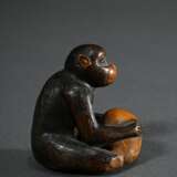 Buchsbaum Netsuke "Sitzender Affe mit Schädel", eingelegte Hornaugen, schöne Gebrauchspatina, H. 4,4cm, Füße verloren, Provenienz: Dr. Eduard Hallier (1866-1959, Weltreise 1901-1903) - Foto 2