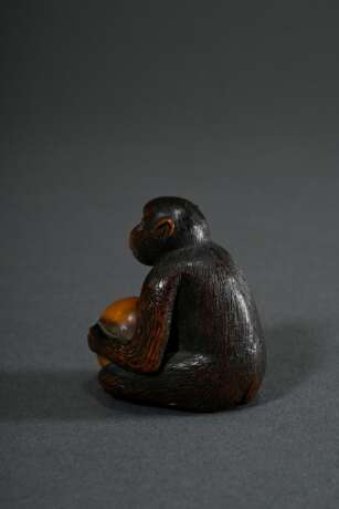 Buchsbaum Netsuke "Sitzender Affe mit Schädel", eingelegte Hornaugen, schöne Gebrauchspatina, H. 4,4cm, Füße verloren, Provenienz: Dr. Eduard Hallier (1866-1959, Weltreise 1901-1903) - Foto 3