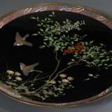 Großer Cloisonné Teller "Vögel und Sträucher mit Beeren und Blumen" auf schwarzem Grund, Rand mit Glyzinien, Meiji Zeit, Ø 50,5cm, Gebrauchsspuren - фото 1