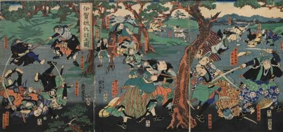 3 Kunisada (1786-1865) "Iga Adauchi no zu - Vergeltung am Iga Pass", Farbholzschnitte, Triptychon, sign. Utagawa Kunisada hitsu, Verleger Kagaya Kichiemon, im Passepartout montiert, je ca. 35,2x24cm (m.R. 60,2x… - photo 1