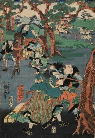 3 Kunisada (1786-1865) "Iga Adauchi no zu - Vergeltung am Iga Pass", Farbholzschnitte, Triptychon, sign. Utagawa Kunisada hitsu, Verleger Kagaya Kichiemon, im Passepartout montiert, je ca. 35,2x24cm (m.R. 60,2x… - photo 4