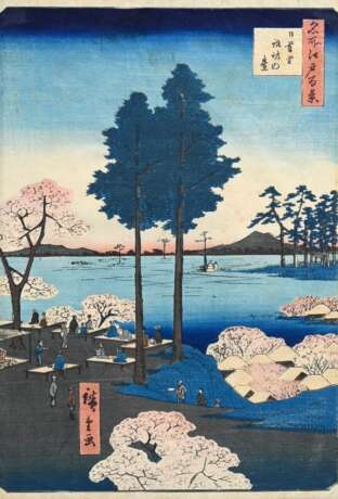 Utagawa Hiroshige (1797-1858) "Suwa-Schrein in Nishi Nippori" 1856, Farbholzschnitt, sign. Hiroshige-ga, Blatt Nr. 15 aus: "Hundert berühmte Ansichten von Edo", freigestellt gerahmt, 35,3x22,6cm (m.R.… - photo 1