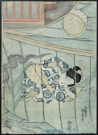 Utagawa Kunisada (1786-1865) "Frau hinter Vorhang", Farbholzschnitt, sign. Gototei Kunisada ga, Verleger Eikyudo, BM 37x26,3cm (m.R. 50x40cm), Altersspuren, u. Randdefekte - photo 1