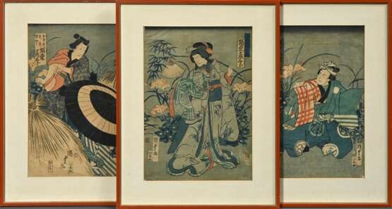 3 Diverse Utagawa Kunisada (1786-1865) "Schaupieler Bandô Hikosaburô und Kawarasaki Gonjûrô", Farbholzschnitte, Triptychon, sign. Kunisada ga, verso Klebeetikett "Kunsthandlung B. Koester/ München", j… - photo 1