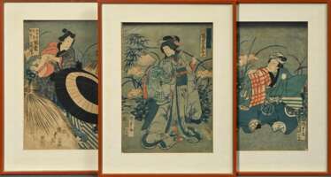 3 Diverse Utagawa Kunisada (1786-1865) &quot;Schaupieler Bandô Hikosaburô und Kawarasaki Gonjûrô&quot;, Farbholzschnitte, Triptychon, sign. Kunisada ga, verso Klebeetikett &quot;Kunsthandlung B. Koester/ München&quot;, j…