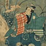 3 Diverse Utagawa Kunisada (1786-1865) "Schaupieler Bandô Hikosaburô und Kawarasaki Gonjûrô", Farbholzschnitte, Triptychon, sign. Kunisada ga, verso Klebeetikett "Kunsthandlung B. Koester/ München", j… - photo 5