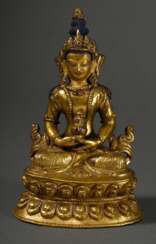 Sitzender Buddha „Transzendenter Amitāyus“ auf doppeltem Lotussockel mit reichem Schmuck und Kalasha Vase mit dem Nektar der Unsterblichkeit, fein ziselierte feuervergoldete Bronze mit Koralleneinlagen und Kaltbemalung, …