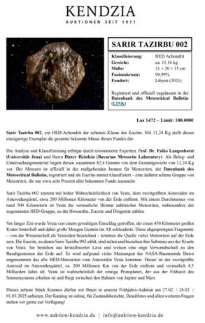 Einzigartiger Meteorit von Vestas (zwischen Jupiter und Mars) "Sarir Tazirbou 002", Monomikt-Eukrit, Fundort: Al Kufrah, Libyen, 25.4150967°, 20.2780379° (Okt. 2021), ca. 11,16 kg, Umfang ca. 70cm / 63cm (ovale… - Foto 10