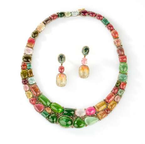 Tutti-Frutti Edelstein-Brillant Set mit Collier und Ohrringen. - photo 1