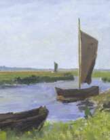 Walter Bertelsmann (Bremen 1877 - Worpswede 1963). Torfkähne auf der Hamme.