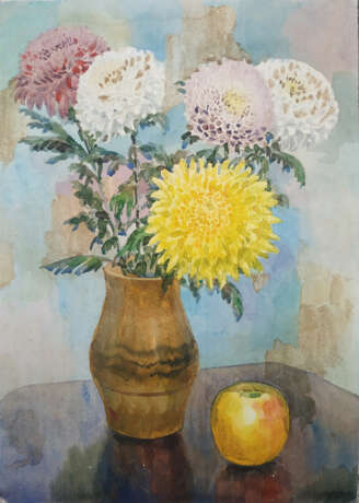 Хризантемы. Papier Aquarelle Réalisme Nature morte aux fleurs Russie 2003 - photo 1