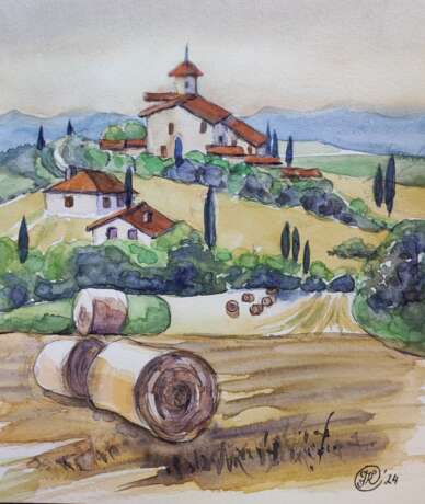 Пейзаж Италия Aigue-marine Aquarelle sur papier Акварель Paysage rural - photo 1