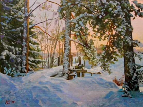 "Мохнатый январь" Canvas on cardboard Oil painting Contemporary realism Winter landscape Russia 2025 - photo 1