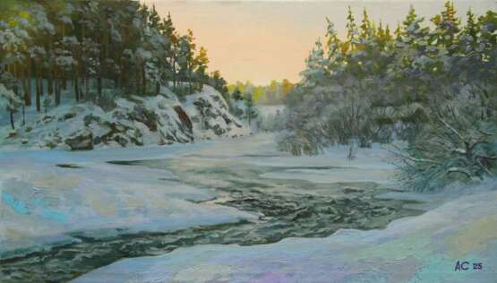 "Быстрина" Canvas on fiberboard Oil painting Realism Winter landscape Russia 2025 - photo 1