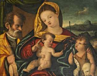 Italienischer Meister. Die Heilige Familie mit dem Johannesknaben vor Landschaftshintergrund.