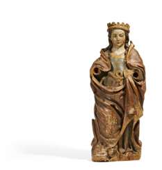 Süddeutsch. Heilige Katharina von Alexandria mit dem Haupt des Maxentius zu ihren Füßen.
