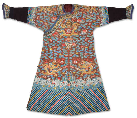 AN EMBROIDERED BROWN-GROUND GAUZE 'DRAGON' ROBE - photo 1
