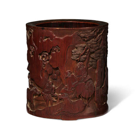 A BAMBOO BRUSH POT CARVED WITH A SCENE OF HORSES AND ATTENDANTS - photo 1