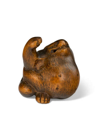 A WOOD CARVED NETSUKE OF A BELLY-DRUM RACOON DOG (TANUKI NO HARATSUZUMI) - фото 5