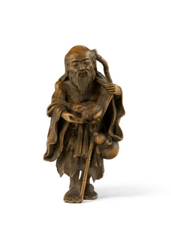 A WOOD CARVED NETSUKE OF GAMA SENNIN (TOAD IMMORTAL) - фото 1