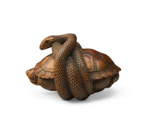 A CARVED WOOD NETSUKE OF A TORTOISE AND SNAKE - photo 2