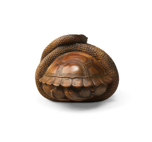 A CARVED WOOD NETSUKE OF A TORTOISE AND SNAKE - photo 4