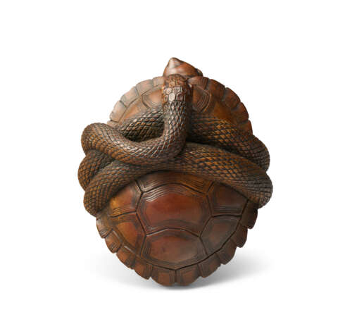 A CARVED WOOD NETSUKE OF A TORTOISE AND SNAKE - photo 6