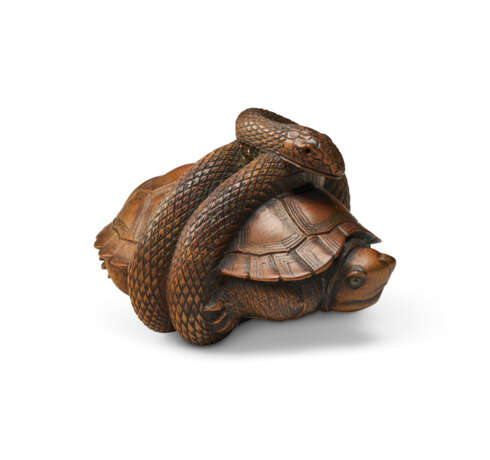 A CARVED WOOD NETSUKE OF A TORTOISE AND SNAKE - photo 7