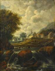 Ruisdael, Jakob Isaackszoon van. Landschaft mit Wasserfall und Kirche.