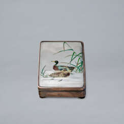 A CLOISONN&#201; ENAMEL INLAID SHIBUICHI AND SILVER BOX AND COVER