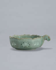 A SMALL SLIP-INLAID CELADON CUP WITH HANDLE