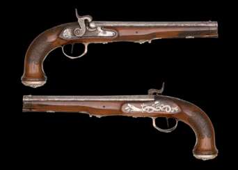 Perkussionspistole mit Silberbeschlägen von Schreiber in Gratz/Österreich um 1830.