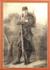 Frankreich, Gezeichnetes Portrait eines französischen Infanteristen um 1870-1880.