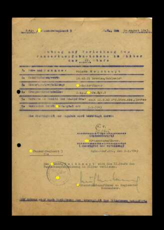 Schriftstück Antrag auf Verleihung Panzerkampfabzeichen mit Autograf von Eggers und Mühlenkamp. - photo 1