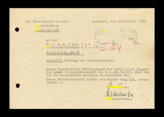 Schriftstück Dienstliches Schreiben von Dr. Geschke mit Autograf an das RSHA. - photo 2