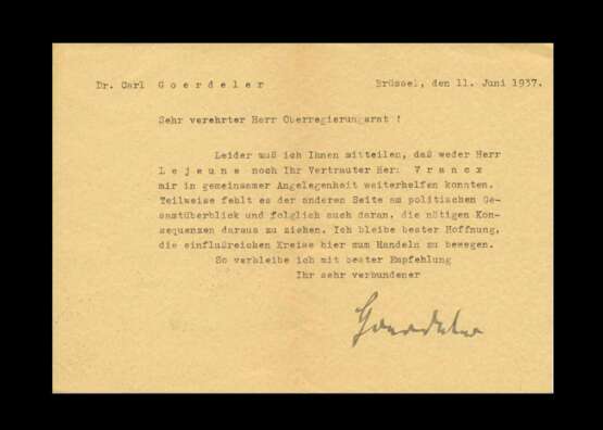 Schriftstück von Dr. Carl Goerdeler an einen Oberregierungsrat mit Autograf - Mitglied des Widerstands gegen Hitler. - photo 1