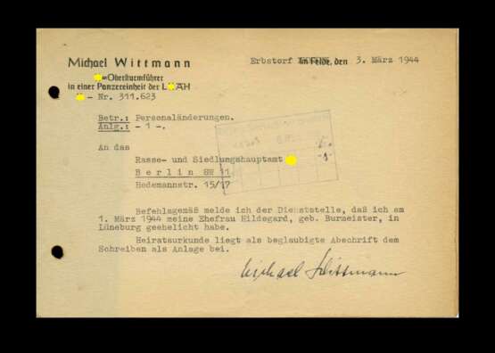 Schriftstück von Michael Wittmann an das Siedlungshauptamt der SS mit Autograf. - photo 1