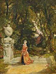 Englischer Meister. Dame mit Windhund in einem römischen Park.