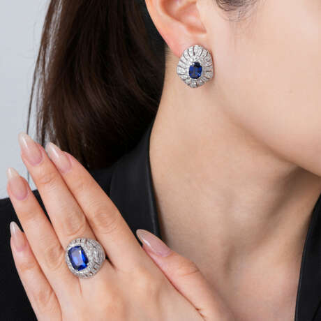 SET OF SAPPHIRE AND DIAMOND EARRINGS AND RING - photo 6