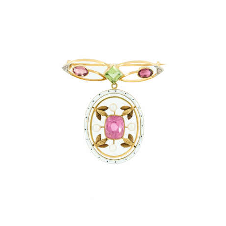 ART NOUVEAU GEMSTONE-PEARL-ENAMEL BROOCH - фото 1