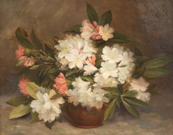 Arend, Digna Johanna Maria van den (1876-1943) "Rhododendronblüten in Vase", Öl/ Lw., rückseitig auf Lw. monogr. und dat., kl. Loch oben mittig, 46x54,5 cm, Rahmen - photo 1