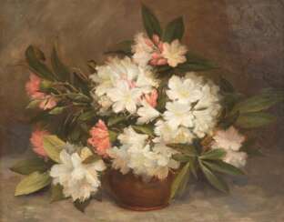 Arend, Digna Johanna Maria van den (1876-1943) &quot;Rhododendronblüten in Vase&quot;, Öl/ Lw., rückseitig auf Lw. monogr. und dat., kl. Loch oben mittig, 46x54,5 cm, Rahmen