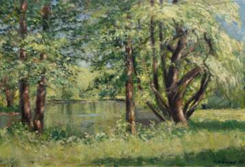 Wessel, Erich (1906 Hamburg-1985 ebenda) &quot;Waldsee im Frühling&quot;, Öl/ Hartfaser, sign. u.r. und dat. ´73, 42x59 cm, Rahmen ( E.Wessel war ein Hamburger Landschafts- und Porträtmaler, der auch Stilleben, Akte und…