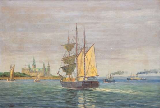 "Schiffe vor Schloß Kronborg, Dänemark", Öl/ Lw., undeutl. monogr. u.l., 43x59 cm, Rahmen - Foto 1