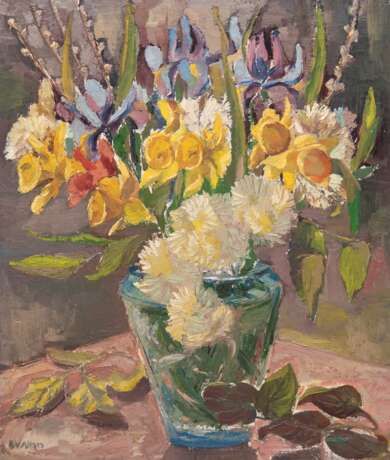 Vallan, E. "Stilleben mit Frühlingsstrauß in Vase", Öl/ Karton, signiert u.l., rückseitig Aufkleber "Memorial Art Museum London-Canada", 61x50 cm, Rahmen - photo 1